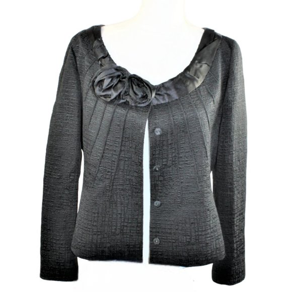 Elie Tahari Sabrina Rose Embellished Black Texture Suit Jacket, Size Lar… - Picture 4 of 12